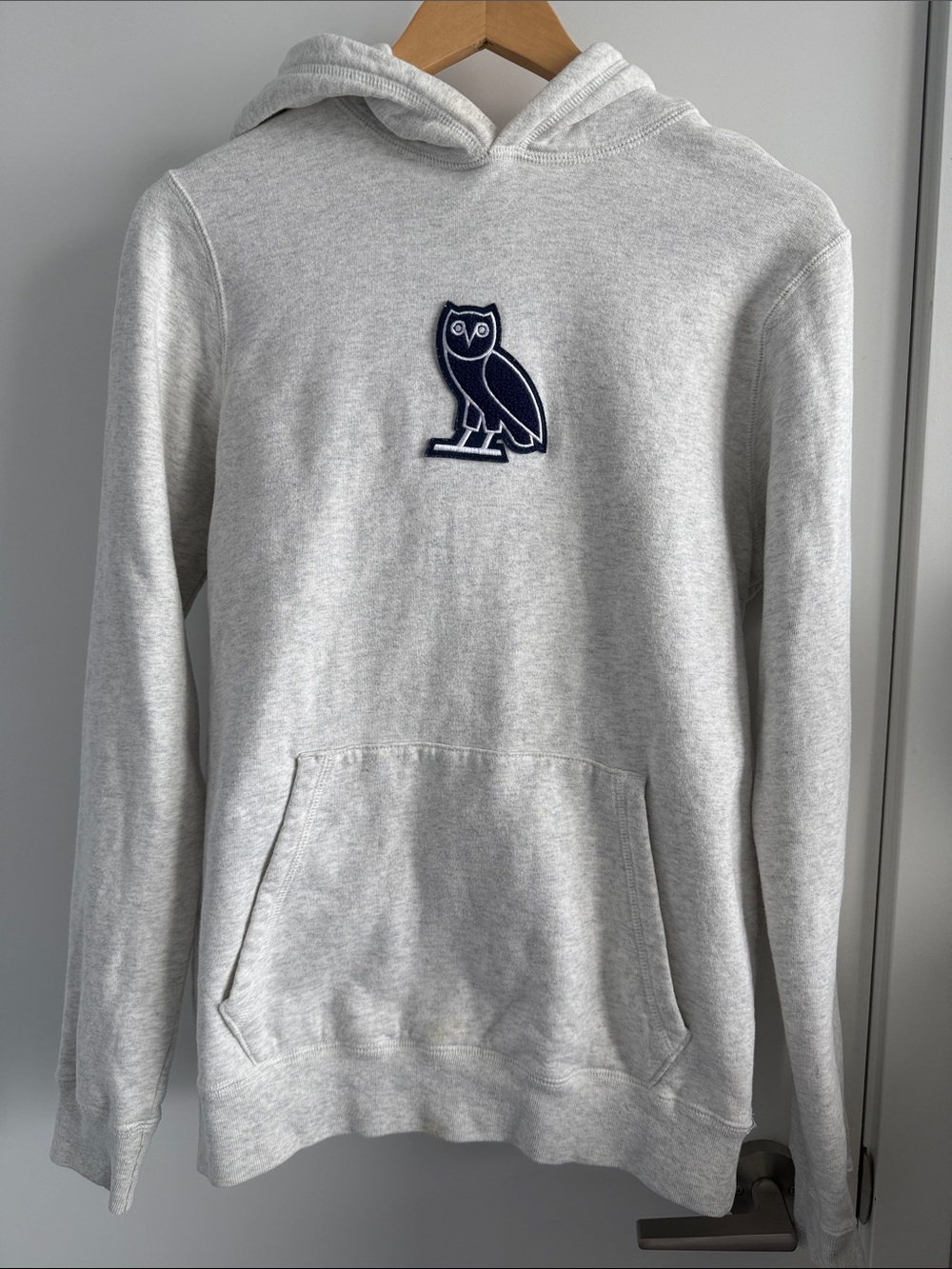 October Very Own OVO Light Gray Hoodie with Navy Owl Patch